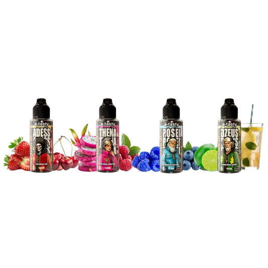 Les 4 nouveaux e-liquides E.Tasty 100ml débarquent : découvrez Dzeus, Posei, Thena et Adess